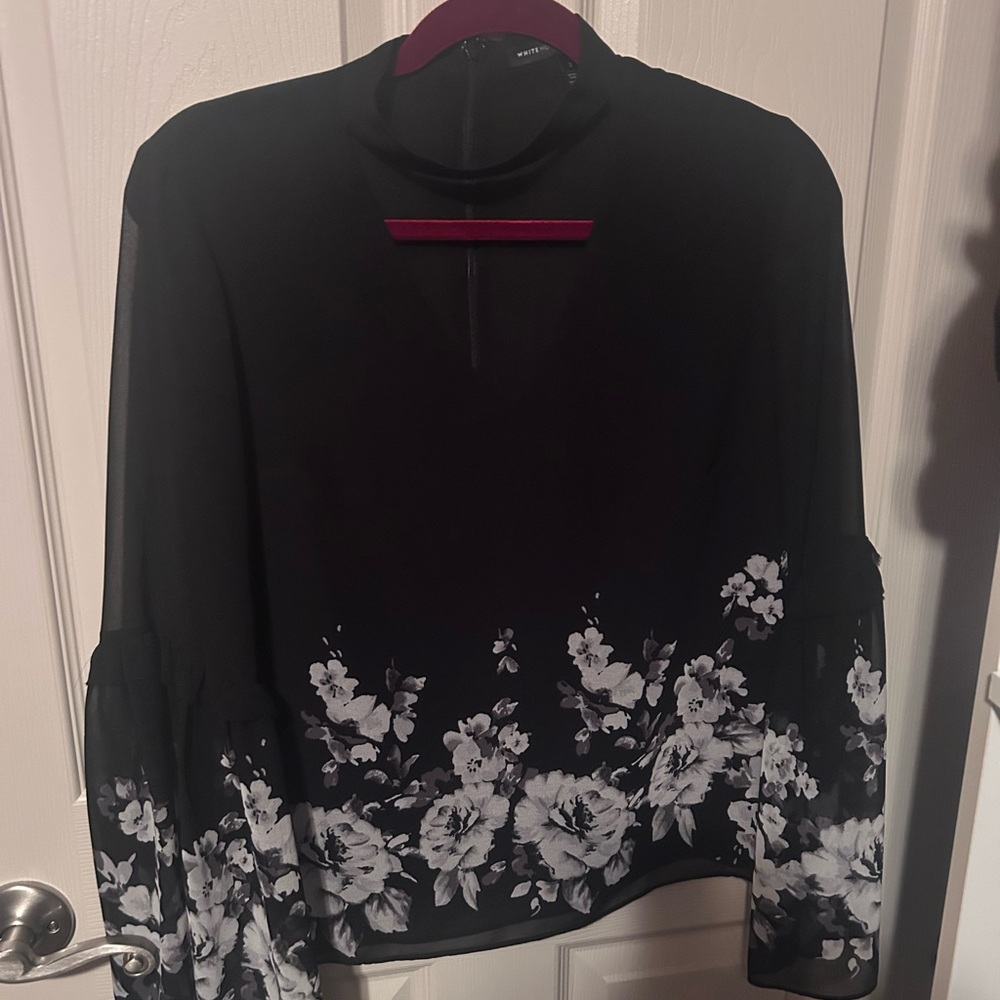 White House Black Market Black Blouse with White/Grey Floral Hem